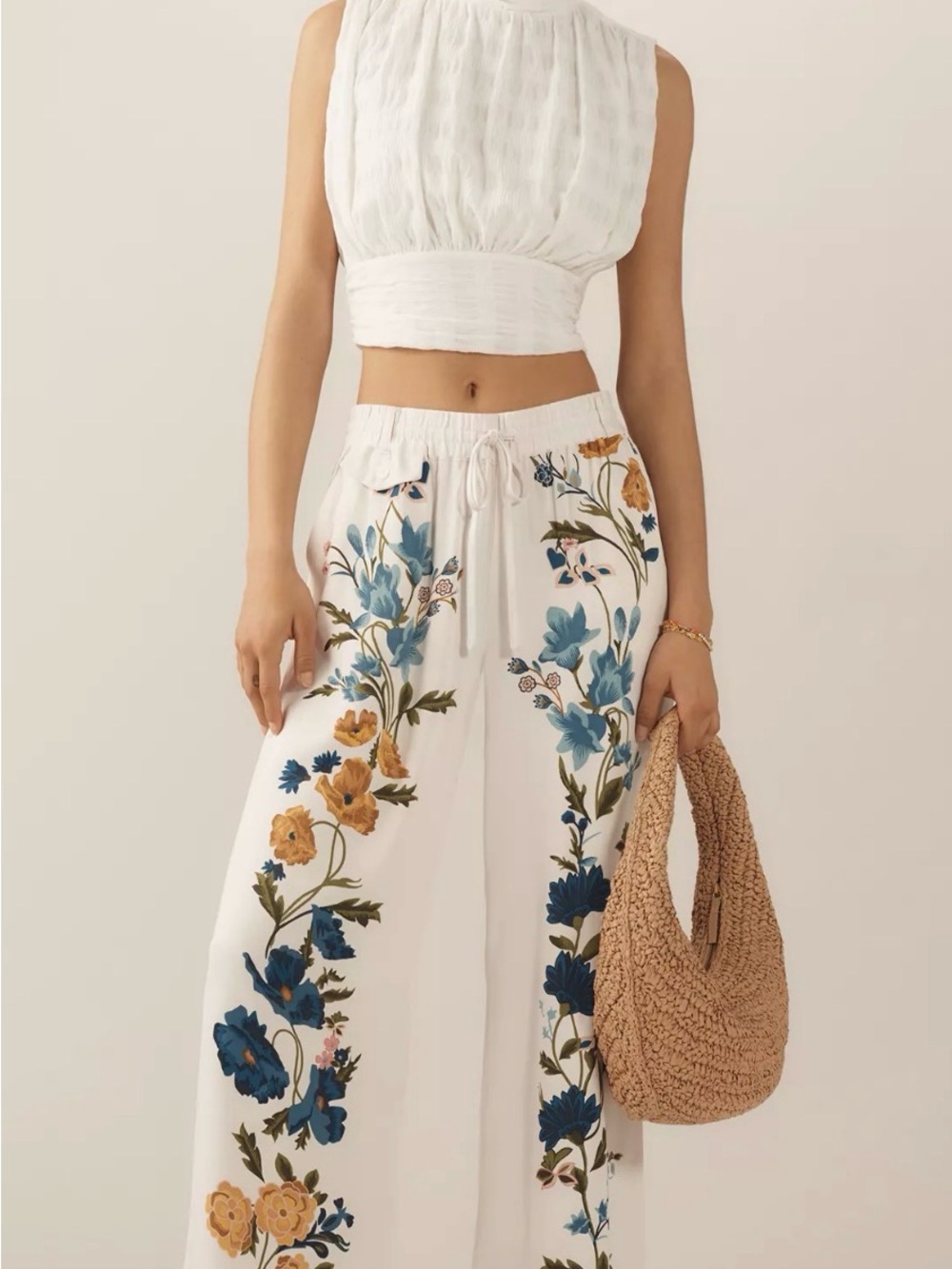 By Anthropologie Printed Pull-On Floral Wide Leg Pants White Blue XS Boho Resort